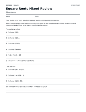 Square Roots Review Worksheet | Grade 8 Math Aligned