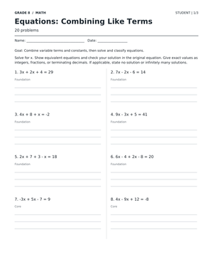 Combining Like Terms Equations Printable | Grade 8