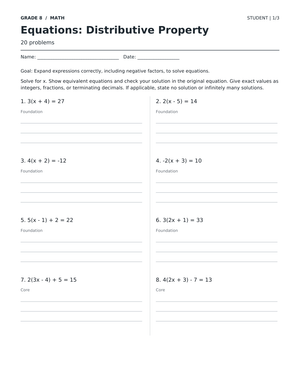 Distributive Property Equations Worksheet | Printable PDF