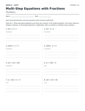 Multi-Step Equations with Fractions | Grade 8 Essential