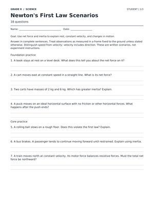 Newton's First Law Worksheet | Grade 8 Essential