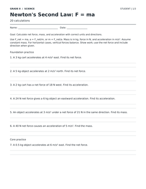 Newton's Second Law Worksheet | Printable Grade 8 Science
