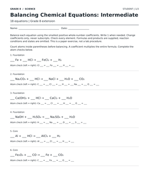 Balancing Chemical Equations Worksheet | Grade 8 Essential