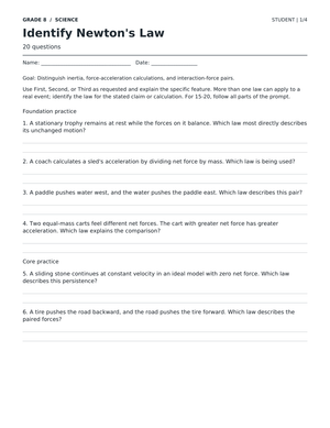 Newton's Laws Worksheet | Grade 8 Science Ready