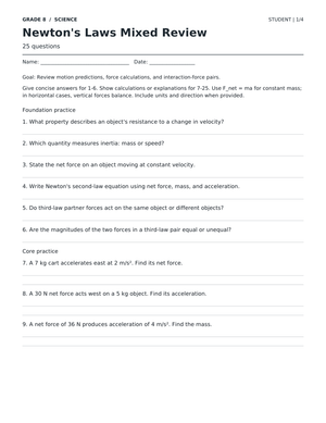 Newton's Laws Worksheet | Essential Grade 8 Science