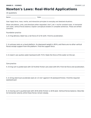 Newton's Laws Worksheet | Grade 8 Science Printable