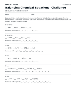 Balancing Chemical Equations Worksheet | Grade 8 Essential