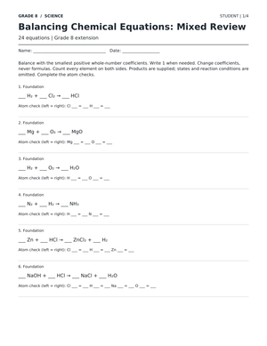 Balancing Chemical Equations Worksheet | Grade 8 Ready