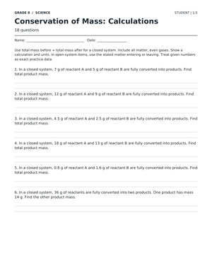Conservation of Mass Worksheet | Grade 8 Ready
