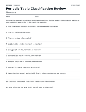 Periodic Table Worksheet | Essential Grade 8 Science