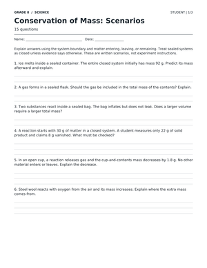 Conservation of Mass Worksheet | Grade 8 Science Printable