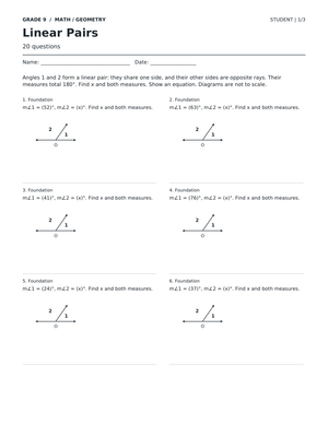 Linear Pairs Worksheet | Printable Grade 9 Geometry