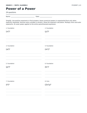 Power of a Power Printable Worksheet | Grade 9 Algebra