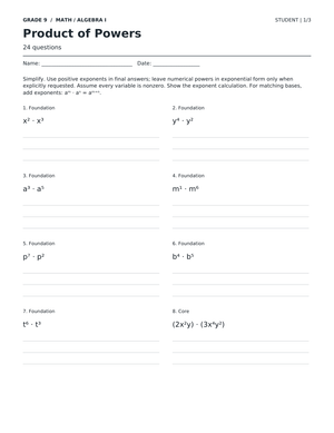 Product of Powers Worksheet | Grade 9 Algebra Printable