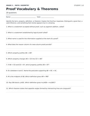 Proof Vocabulary & Theorems Worksheet | Essential Grade 9