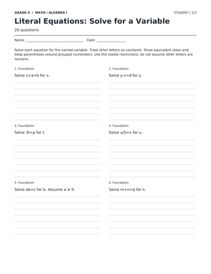 Literal Equations Printable Worksheet | Grade 9 Algebra