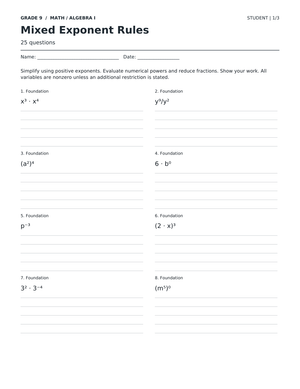 Mixed Exponent Rules Worksheet | Grade 9 Ready