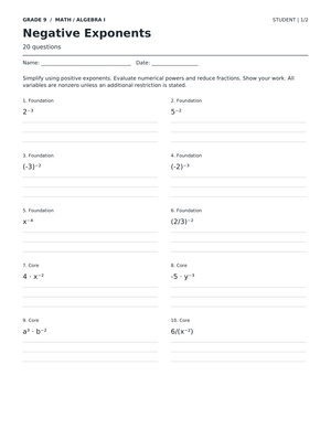 Negative Exponents Worksheet | Grade 9 Essential