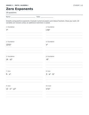 Zero Exponents Worksheet | Grade 9 Math Ready