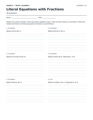 Literal Equations with Fractions Printable Worksheet