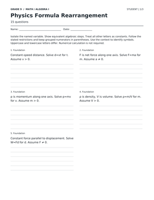 Physics Formula Rearrangement Worksheet | Grade 9 Essential