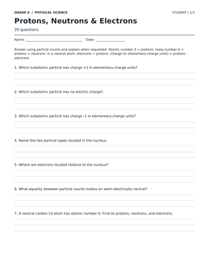 Protons Neutrons Electrons Worksheet | Grade 9 Essential