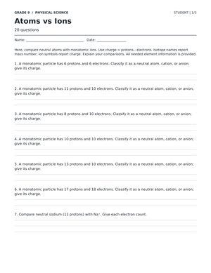 Atoms vs Ions Worksheet | Grade 9 Science Ready