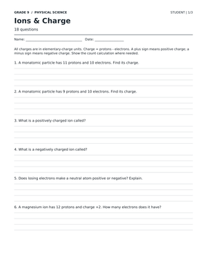 Ions and Charge Worksheet | Grade 9 Printable Science