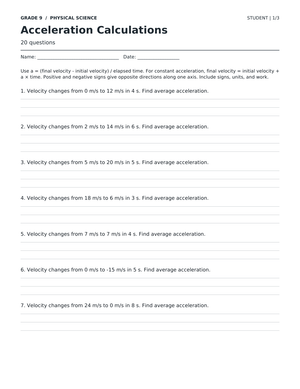 Printable Acceleration Calculations Worksheet | Grade 9