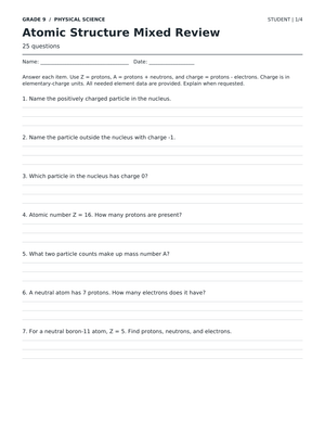 Complete Atomic Structure Worksheet | Grade 9 Science