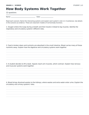Body Systems Worksheet | Grade 6 Science Printable