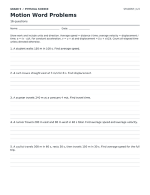 Motion Word Problems Worksheet | Grade 9 Essential