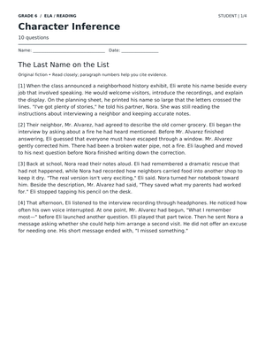 Character Inference Worksheet | Grade 6 Printable