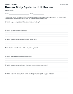 Human Body Systems Review Worksheet | Grade 6 Aligned
