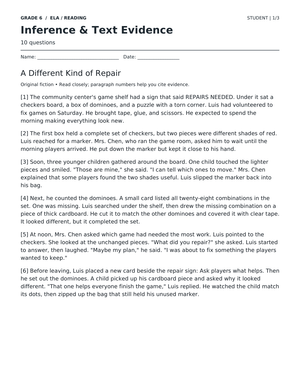 RL.6.1 Worksheet: Inferences — Grade 6 Aligned