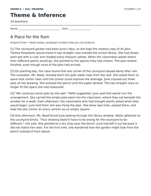Theme and Inference Worksheet | Grade 6 Reading Printable