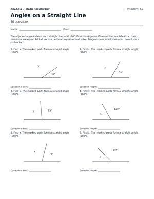 Angles on a Straight Line Printable | Grade 6