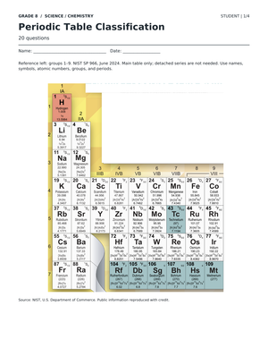 Periodic Table Worksheet | Grade 8 Science Printable