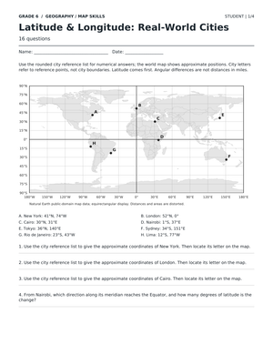 Latitude & Longitude Worksheet | Grade 6 Essential