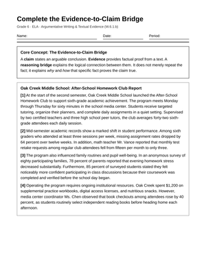Complete Evidence-to-Claim Bridge Worksheet | Grade 6 ELA
