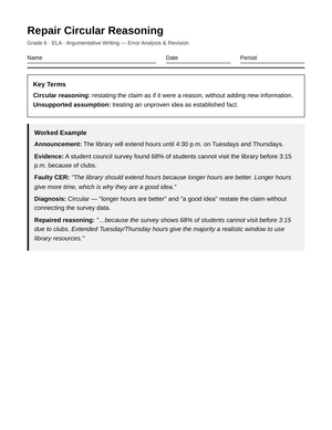 Complete Circular Reasoning Worksheet | Grade 6 ELA