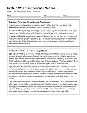 Essential Explaining Evidence Worksheet | Grade 6 ELA