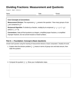 Complete Fraction Quotients Worksheet | Grade 6 Math