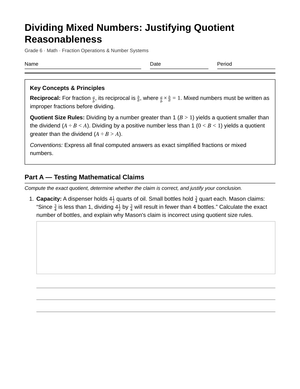 Essential Quotient Reasonableness Worksheet | Grade 6 Math