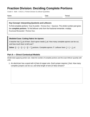 Complete Fraction Portions Worksheet | Grade 6 Math