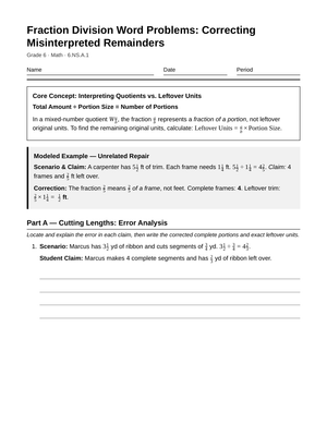 Aligned Fraction Division Remainder Worksheet | Grade 6 Math