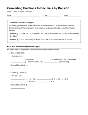 Ready Fraction to Decimal Division Worksheet | Grade 6 Math
