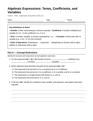 Printable Terms & Coefficients Worksheet | Grade 6 Math