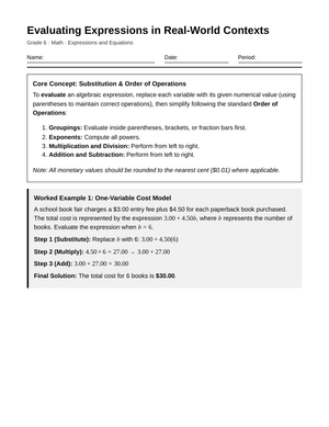 Essential Expression Substitution Worksheet | Grade 6 Math