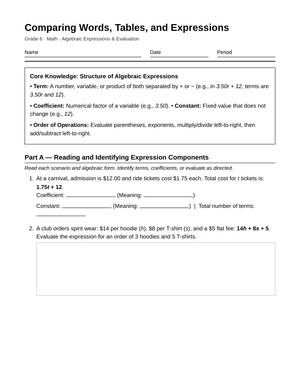 Ready Words, Tables & Expressions Worksheet | Grade 6 Math